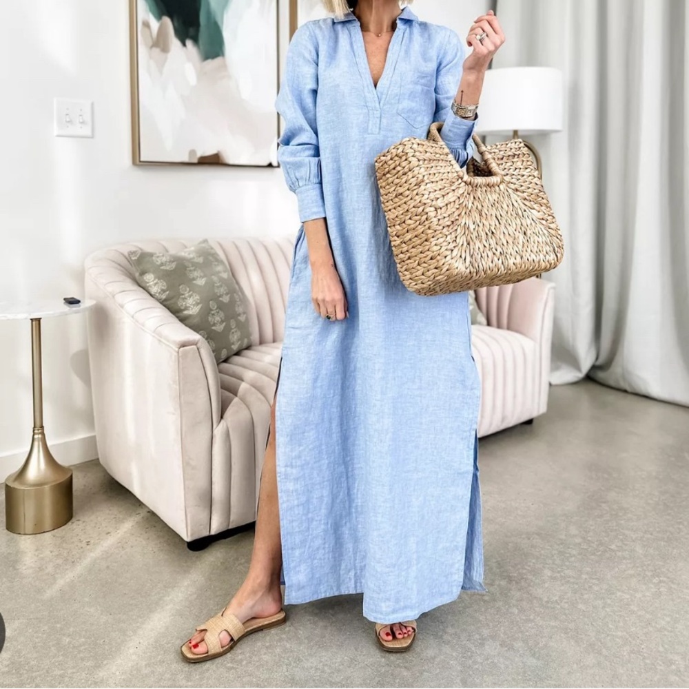 J Crew Bungalow maxi popover dress in linen , Size M